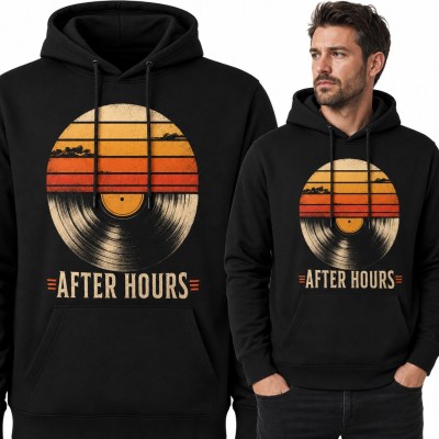 Bluza męska z kapturem - płyta winylowa w retro zachodzie słońca „After hours” dla melomana