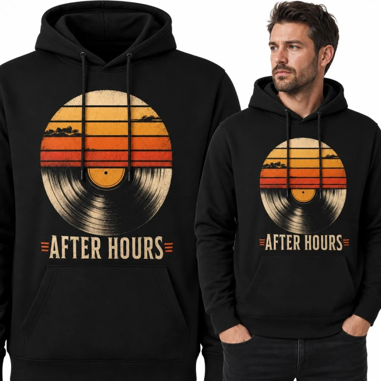 Bluza męska z kapturem - płyta winylowa w retro zachodzie słońca „After hours” dla melomana