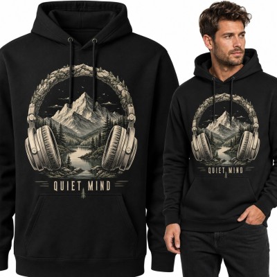Bluza męska z kapturem - słuchawki z górskim pejzażem i napisem „Quiet mind”