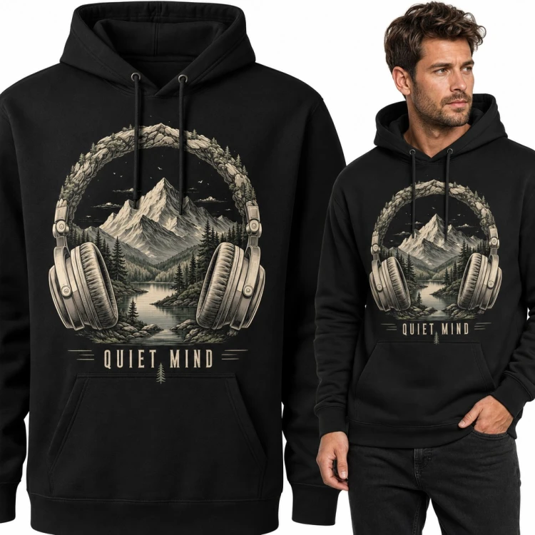 Bluza męska z kapturem - słuchawki z górskim pejzażem i napisem „Quiet mind”