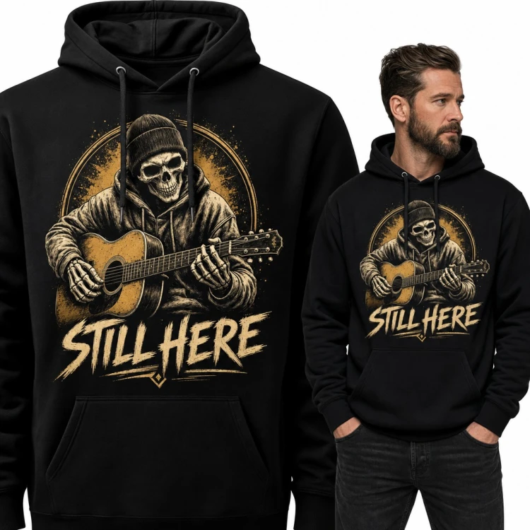 Bluza męska z kapturem - szkielet z gitarą akustyczną i napis „Still here” dla gitarzysty