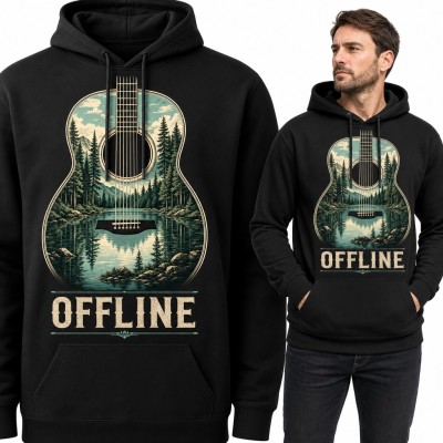 Bluza męska z kapturem - gitara akustyczna z leśnym jeziorem „Offline” dla gitarzysty