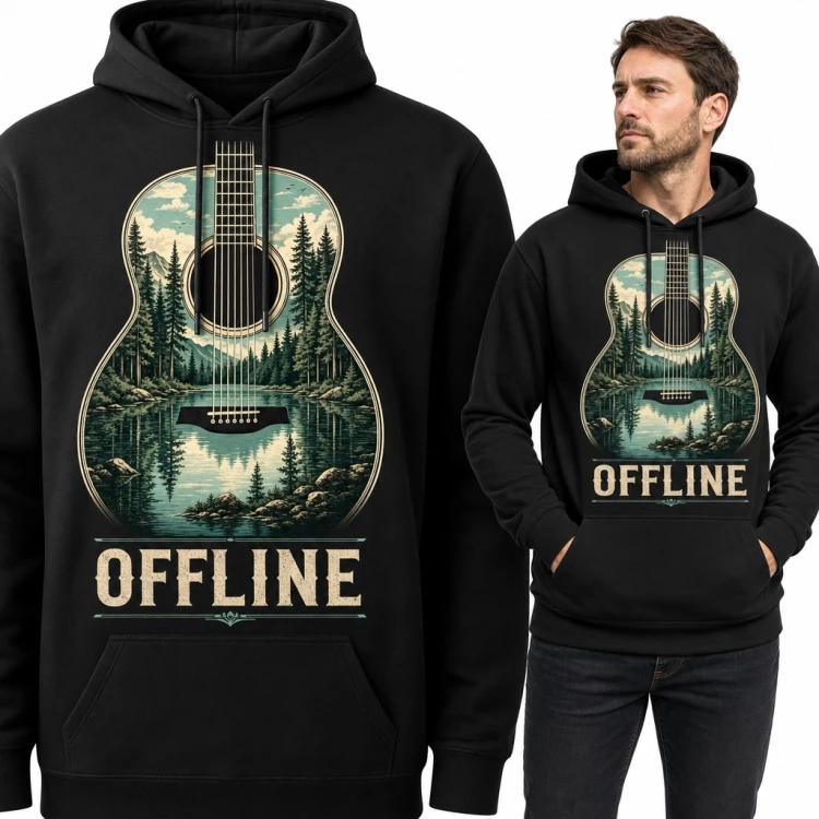 Bluza męska z kapturem - gitara akustyczna z leśnym jeziorem „Offline” dla gitarzysty