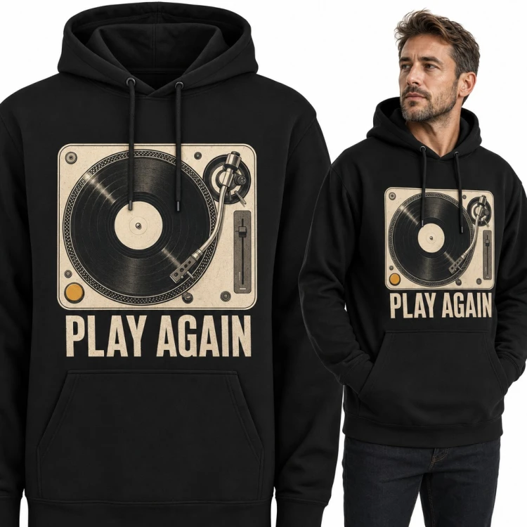 Bluza męska z kapturem - gramofon z winylem i napis „Play Again” dla DJ-a