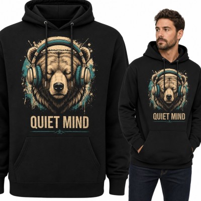 Bluza męska z kapturem - niedźwiedź w słuchawkach „Quiet mind” dla melomana