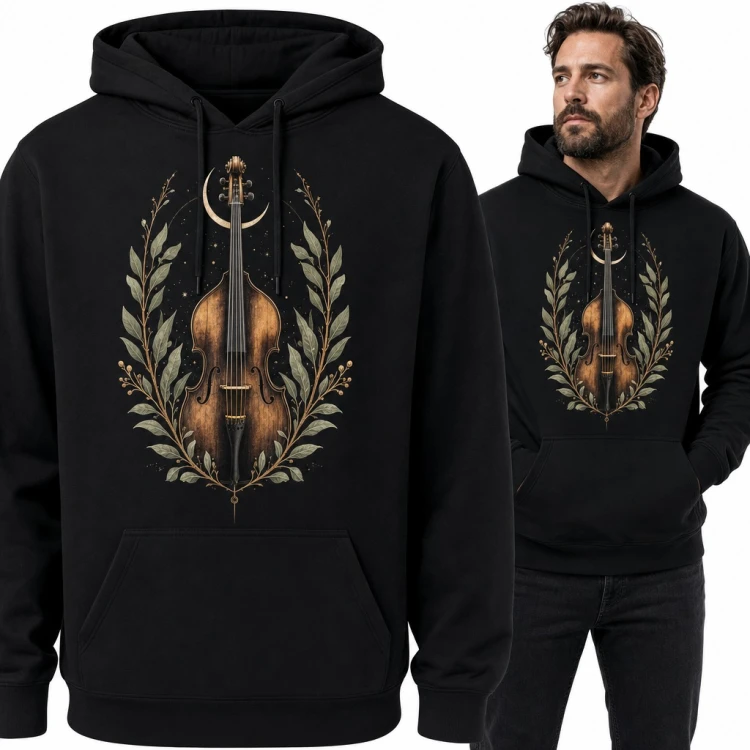 Bluza męska z kapturem - kontrabas w laurowym wieńcu z półksiężycem dla muzyka