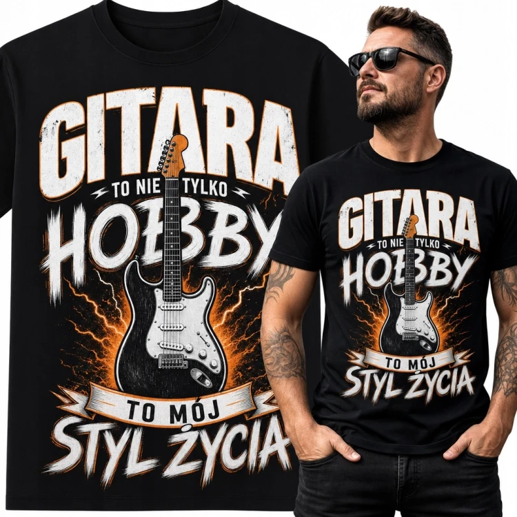 Koszulka męska z gitarą elektryczną „Gitara to nie tylko hobby, to mój styl życia” - rockowy wzór