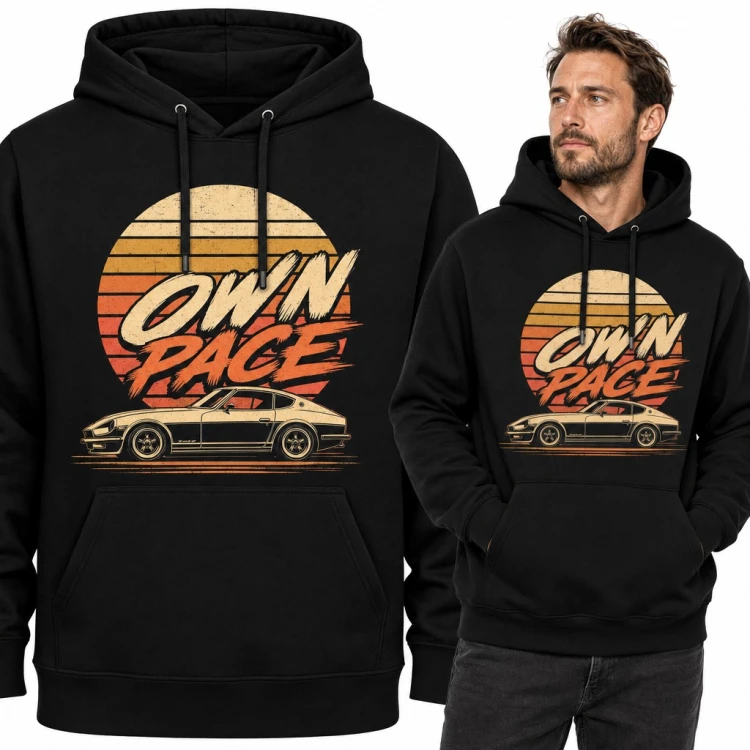 Bluza męska z kapturem - retro coupe JDM na tle zachodu słońca „Own pace”