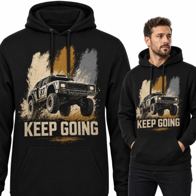 Bluza męska z kapturem - terenówka 4x4 w skoku i napis „Keep going” dla fana off-roadu