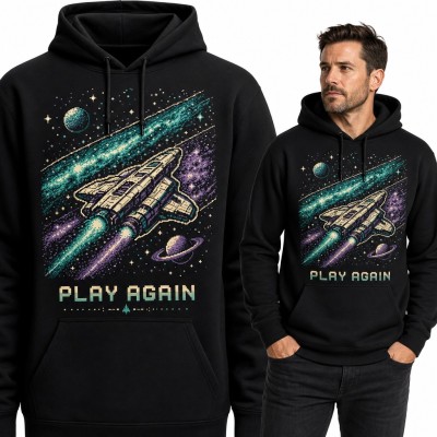 Bluza męska z kapturem „Play again” - pikselowy statek kosmiczny dla gracza retro