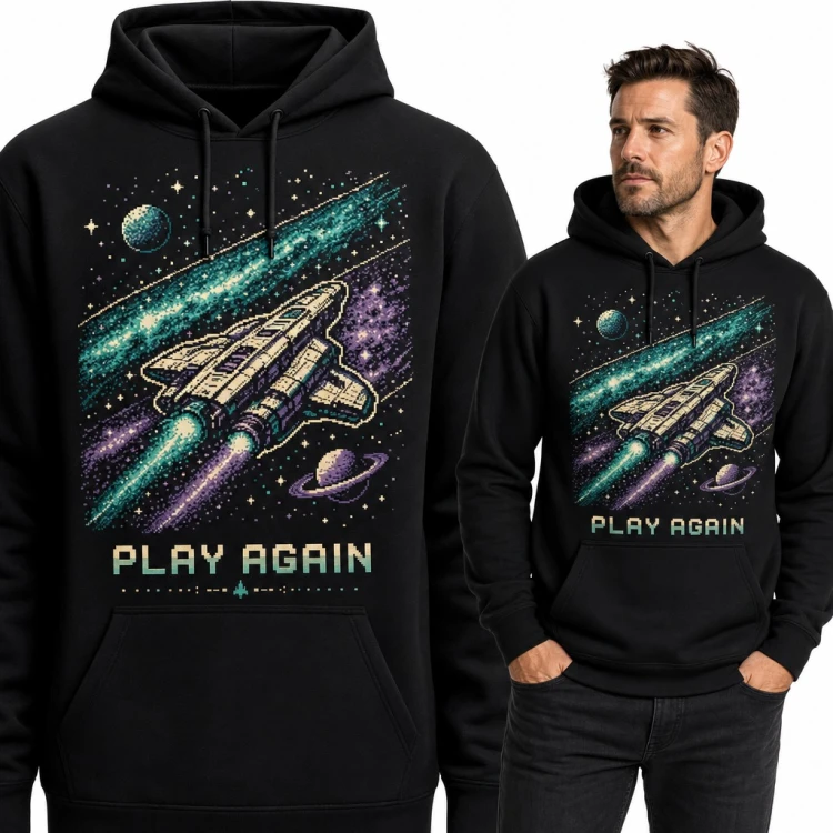 Bluza męska z kapturem „Play again” - pikselowy statek kosmiczny dla gracza retro