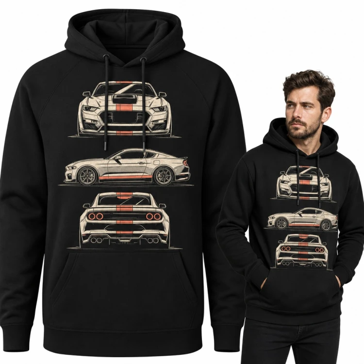 Bluza męska z kapturem - muscle car w trzech widokach z pasami wyścigowymi