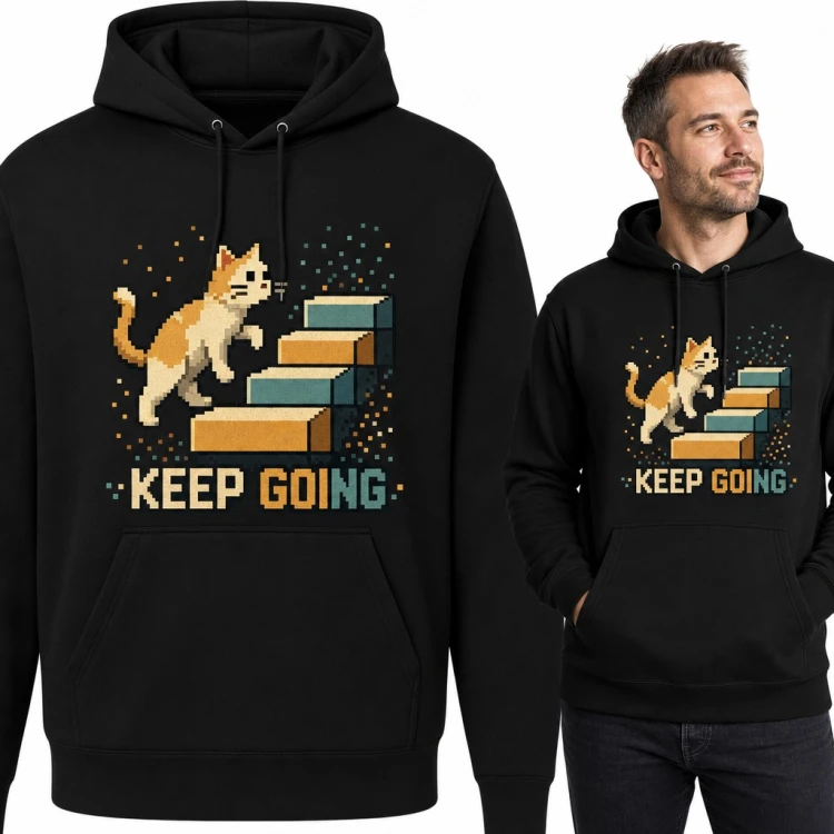 Bluza męska z kapturem - pikselowy kot na schodach „Keep going”