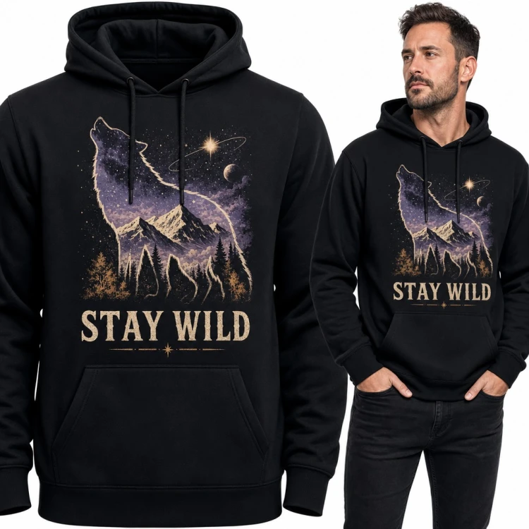 Bluza męska z kapturem - wyjący wilk z górami i gwiazdami „Stay wild”