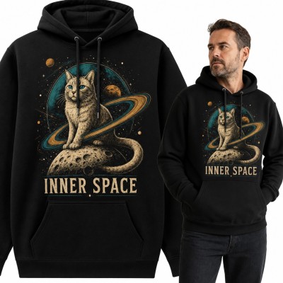 Bluza męska z kapturem - kosmiczny kot na księżycu „Inner Space”