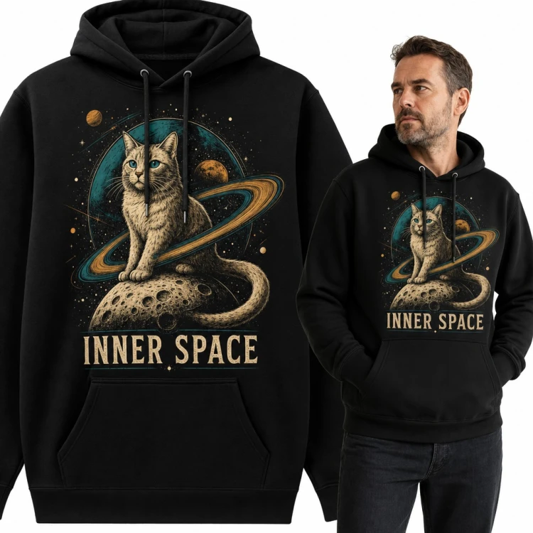 Bluza męska z kapturem - kosmiczny kot na księżycu „Inner Space”
