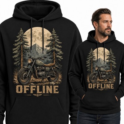 Bluza męska z kapturem - „Offline” motocykl scrambler w lesie pod księżycem
