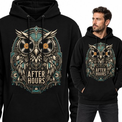 Bluza męska z kapturem - mechaniczna sowa z oczami z winyli „After Hours” dla DJ-a