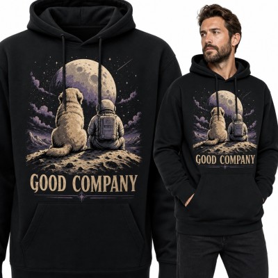 Bluza męska z kapturem - pies i astronauta na Księżycu „Good company”