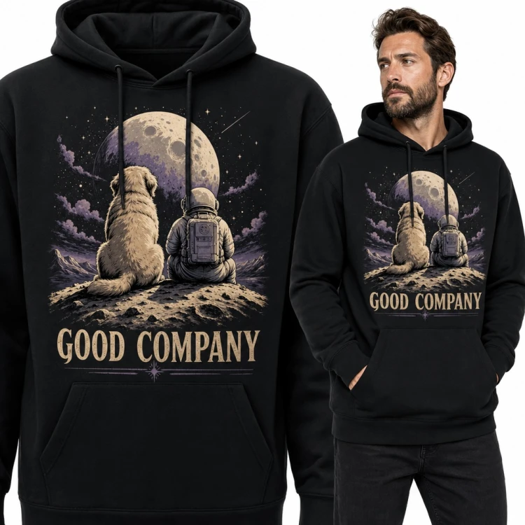 Bluza męska z kapturem - pies i astronauta na Księżycu „Good company”