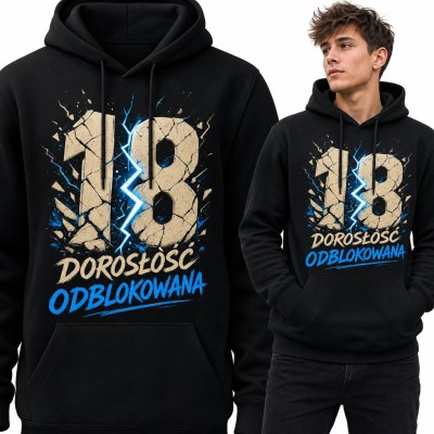 Bluza męska z kapturem na 18 urodziny „18 Dorosłość odblokowana” z błyskawicą