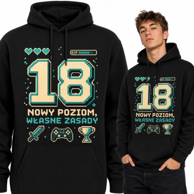 Bluza męska z kapturem na 18 urodziny - „Nowy poziom, własne zasady” w stylu pixel art
