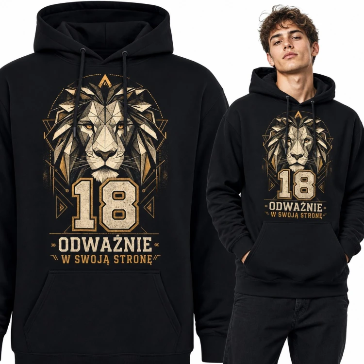 Bluza męska z kapturem na 18 urodziny - geometryczny lew i napis „Odważnie w swoją stronę”