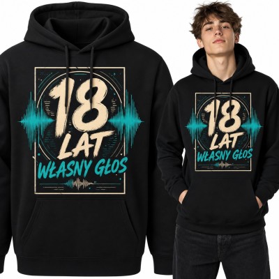 Bluza męska z kapturem „18 lat własny głos” na 18 urodziny - fala dźwiękowa