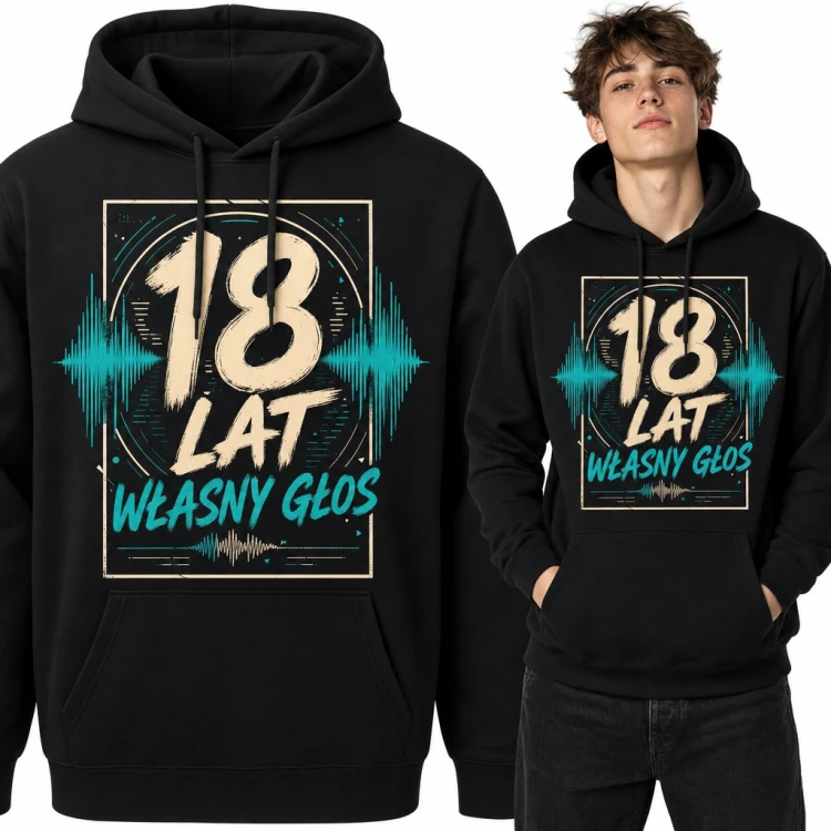 Bluza męska z kapturem „18 lat własny głos” na 18 urodziny - fala dźwiękowa
