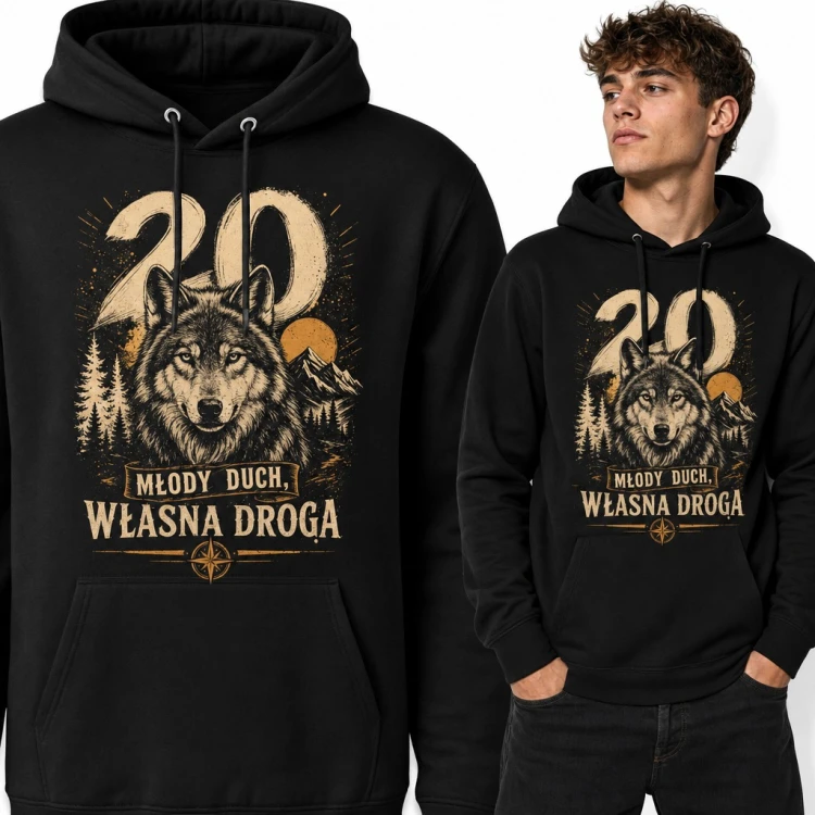Bluza męska z kapturem na 20 urodziny - wilk i napis „Młody duch, własna droga”