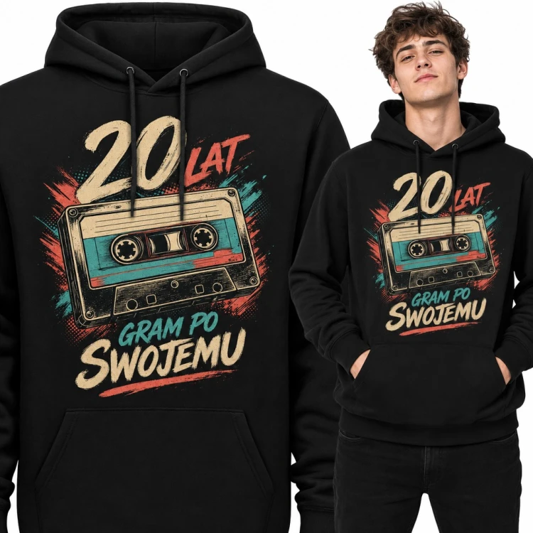Bluza męska z kapturem na 20 urodziny - „20 lat. Gram po swojemu” z kasetą retro