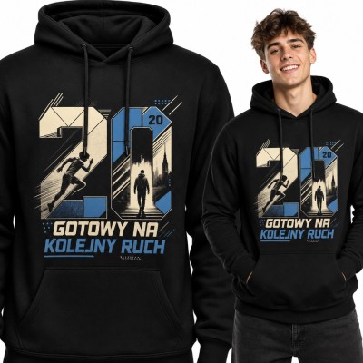 Bluza męska z kapturem na 20 urodziny - „Gotowy na kolejny ruch” z biegaczem i miastem