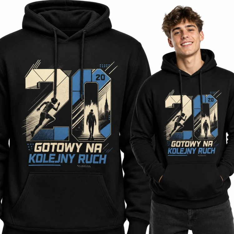 Bluza męska z kapturem na 20 urodziny - „Gotowy na kolejny ruch” z biegaczem i miastem