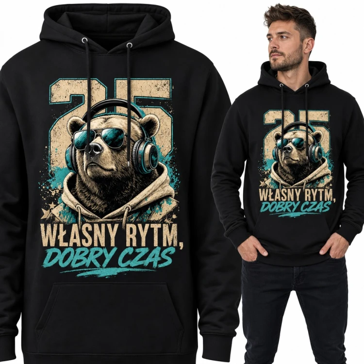 Bluza męska z kapturem - niedźwiedź w słuchawkach i napis „Własny rytm, dobry czas”