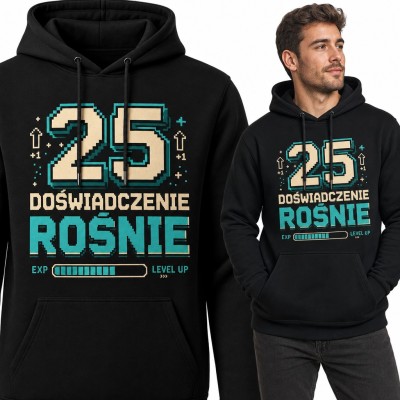 Bluza męska z kapturem na 25 urodziny „25 doświadczenie rośnie” - pixel art z paskiem EXP dla gracza