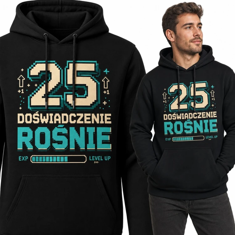 Bluza męska z kapturem na 25 urodziny „25 doświadczenie rośnie” - pixel art z paskiem EXP dla gracza