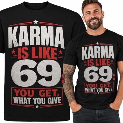 Koszulka męska z dwuznacznym hasłem „Karma is like 69” - nadruk retro
