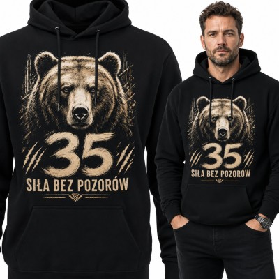 Bluza męska z kapturem na 35 urodziny - niedźwiedź i „Siła bez pozorów”