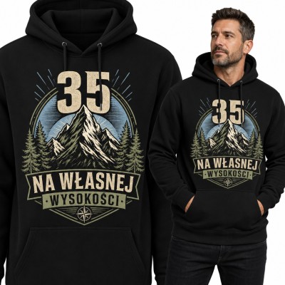 Bluza męska z kapturem na 35 urodziny - „35 na własnej wysokości” z górskim szczytem