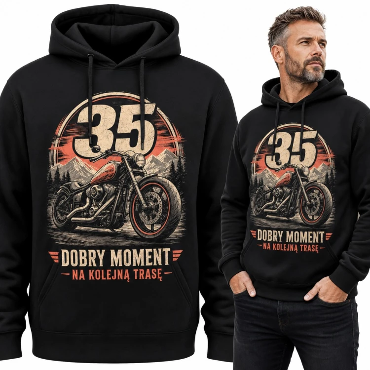 Bluza męska z kapturem na 35 urodziny „Dobry moment na kolejną trasę” - motocykl w górach