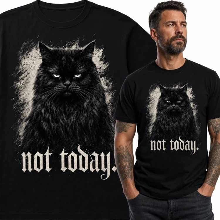 Koszulka męska z czarnym kotem „Not today.” - gotycki wzór