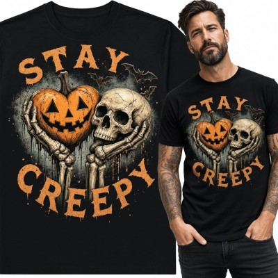Koszulka męska na Halloween „Stay Creepy” - z dynią i czaszką