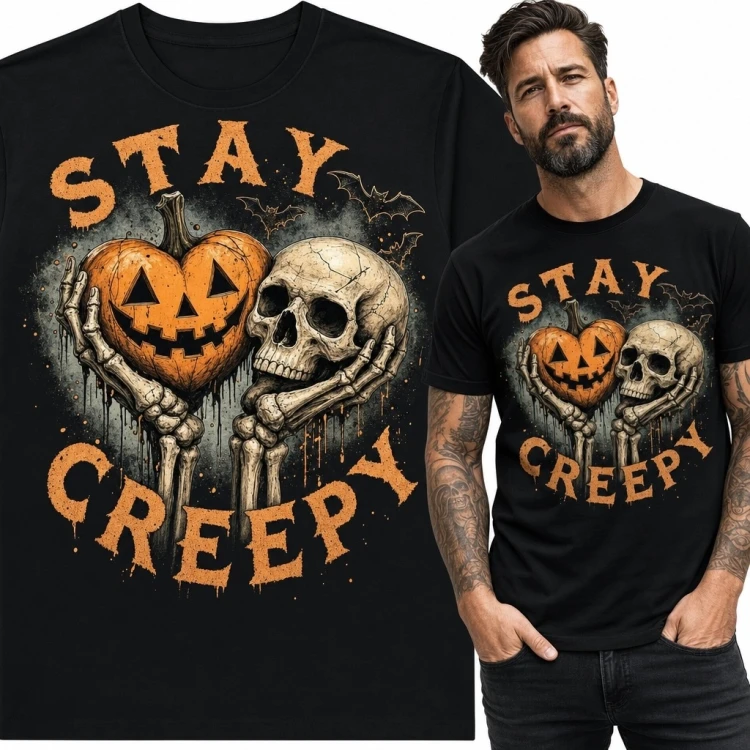 Koszulka męska na Halloween „Stay Creepy” - z dynią i czaszką