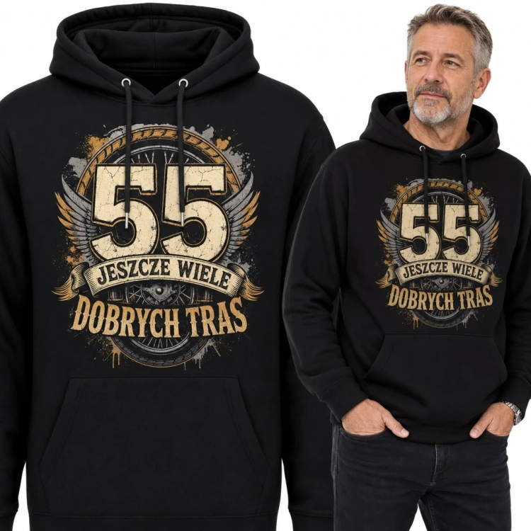 Bluza męska z kapturem na 55 urodziny motocyklisty - „55 Jeszcze wiele dobrych tras”