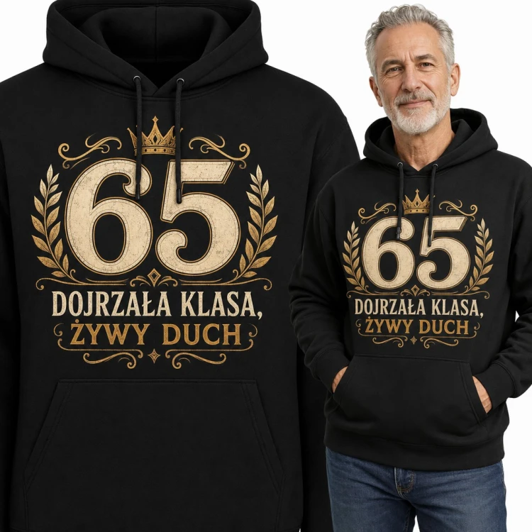 Bluza męska z kapturem na 65 urodziny - „Dojrzała klasa, żywy duch” ze złotą koroną