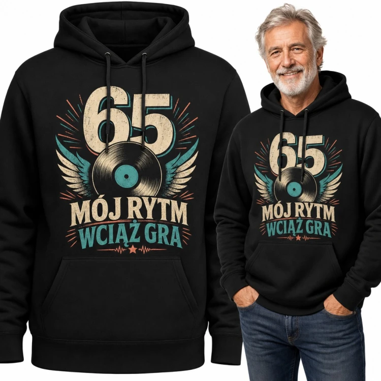Bluza męska z kapturem na 65 urodziny - „65 Mój rytm wciąż gra” z płytą winylową