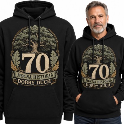 Bluza męska z kapturem na 70 urodziny - dąb i napis „70 Mocna historia, dobry duch”