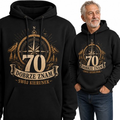 Bluza męska z kapturem na 70 urodziny - kompas i góry „70 Dobrze znam swój kierunek”