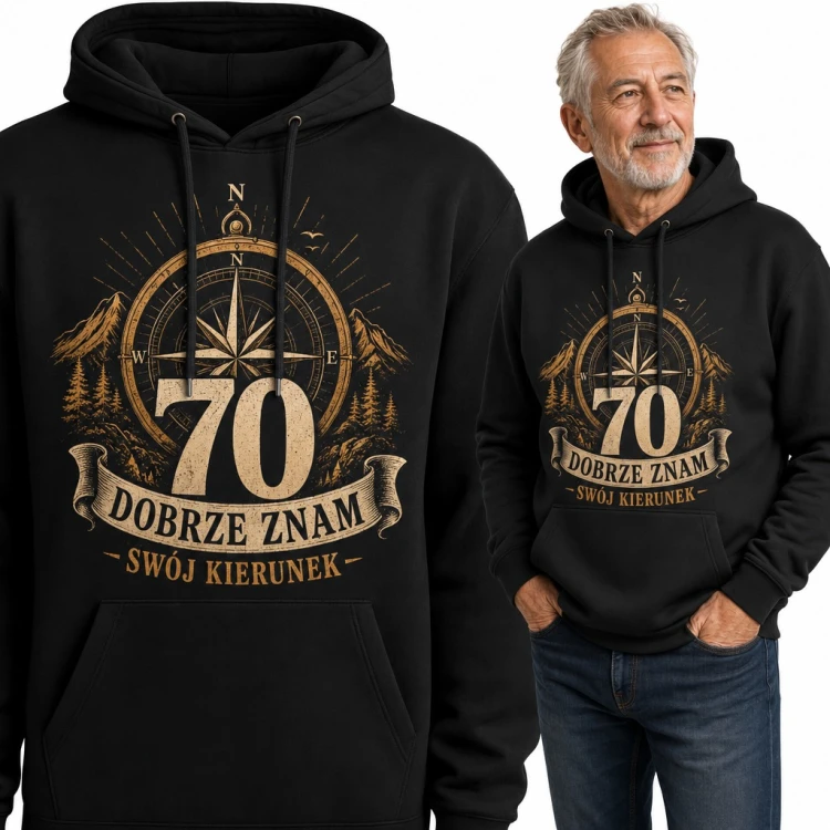 Bluza męska z kapturem na 70 urodziny - kompas i góry „70 Dobrze znam swój kierunek”