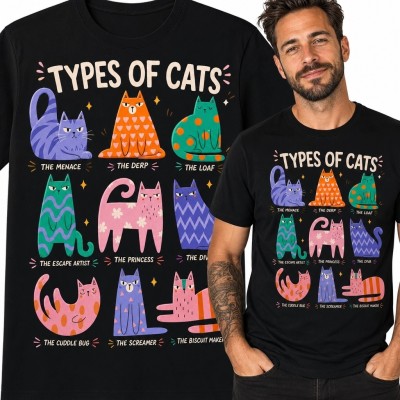 Koszulka męska z kotami „Types of Cats” - zabawne kocie charaktery